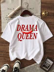 Women's Short-Sleeved T-Shirt With A Fun DRAMA QUEEN Chili Letter Print, American Retro Y2K Spice Girl Style, Loose And Breathable Fit, Ideal For Beach Getaways, Everyday Outings, Music Festivals, Girls' Nights Out, Or Summer Travel. QLPC - 白色的 - 查看 5