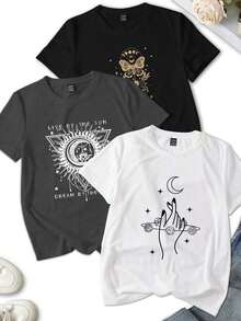 Set de 3 camisetas de mujer de manga corta con cuello redondo, de estilo casual de verano, con estampado gráfico del universo creencia, top de concierto - Multicolor 15 - Ver 7