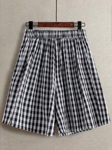 Pantalones cortos de mujer talla grande, casuales, para ir al trabajo o salir, con diseño de abertura redonda, cintura elástica y decoración de nudo chino con botones - Multicolor 2 - Ver 2
