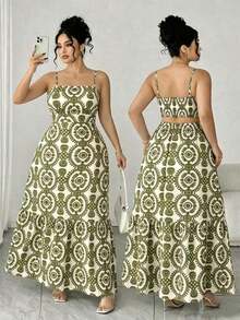 Vestido elegante de mujer talla grande con tirantes finos, cintura fruncida y diseño evasé, con estampado de hojas de dos colores, diseño evasé estilizador, elegante y sofisticado, adecuado para volver al colegio, graduación, San Valentín, festiva - verde militar 2 - Ver 1
