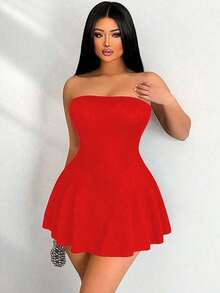 Vestido mini sin tirantes con dobladillo de volantes para mujer - Rojo - Ver 11