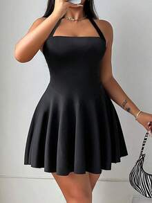 Vestido corto sin mangas de unicolor para mujer, atuendo casual y de uso diario en color borgoña - Negro - Ver 5