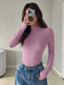 Body de mujer con cuello alto y manga larga, de uso casual - Rosa vieja - Ver 6