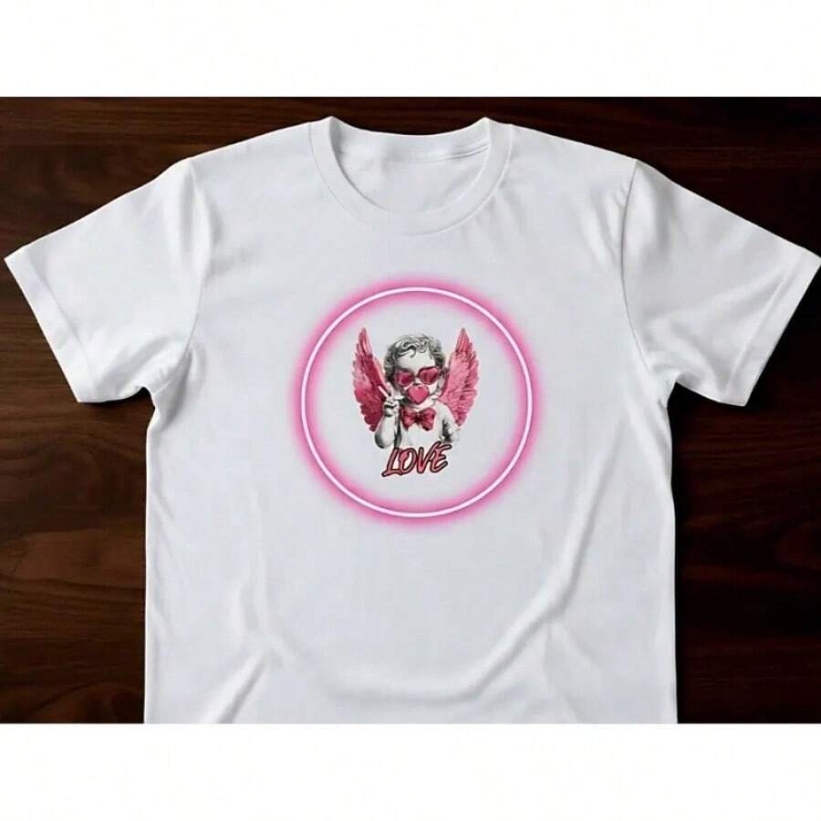 Camiseta de San Valentín con Querubín – Camiseta con Gráfico de Ángel y Corazón Rosa, Estética de Cupido, Regalo Romántico para Ella - Blanco - Ver 1