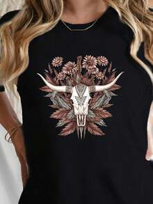 Cow Skull Floral Print T-Shirt, Casual Streetwear, Oversized Crew Neck Top For Everyday Wear, Camping, Concerts, Hip-Hop, Rock, And Rap Events. Short-Sleeve Crew Neck T-Shirt With A Comfortable Fit For Spring And Summer, Women's Clothing. - 黑色 - 查看 8