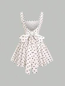 Vestido mini para mujer de alta gama, de estilo retroamericano, con estampado floral, espalda descubierta, corte slim, plisado, cuello asimétrico sin mangas y lunares - Blanco y Negro - Ver 12