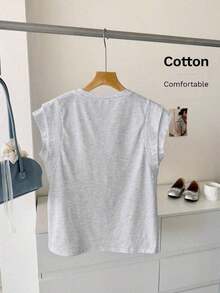 Camiseta de mujer de manga corta y corte regular en color amarillo con diseño clásico y estilo de murciélago, top de algodón amarillo sólido para verano - Gris - Ver 2