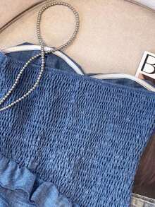 Everyssa Top bandeau elegante para mujer con bajo asimétrico con volantes - Azul 2 - Ver 4