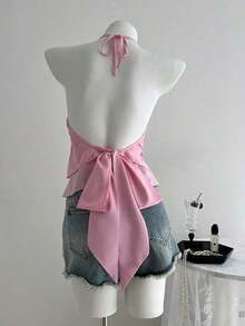 Blusa casual de mujer con cuello de volantes en capas de unicolor - Rosado Sandía - Ver 2
