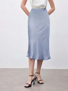 Falda básica de corte A para mujer, adecuada para ir al trabajo, negocios, uso casual, oficina, atuendo formal elegante para damas, otoño - Azul - Ver 2