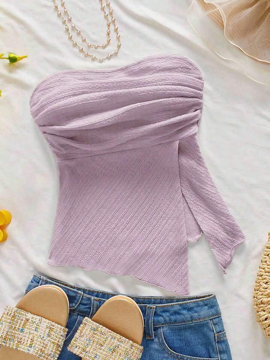 Top de tubo plisada de estilo elegante, romántico y elegante para uso diario, de color amarillo, adecuada para fiestas, vacaciones en la playa, vuelta al colegio, citas románticas, temporada de bodas, cumpleaños, Pascua, primavera/verano - Morado - Ver 1