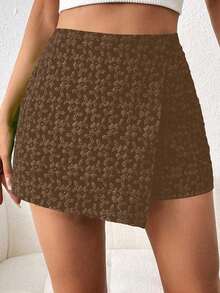 Falda pantalón elegante de unicolor con textura jacquard, para el Día de San Valentín - Marrón - Ver 5
