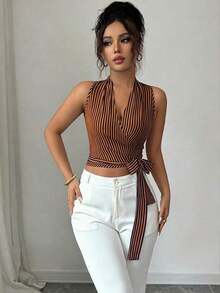 Chaleco de verano casual y elegante tejido para damas - Naranja Quemada - Ver 3