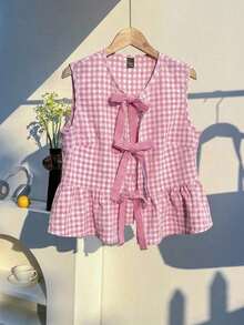 Camisa de mujer tejida a cuadros rosas con raíz de loto - Rosa vieja - Ver 7