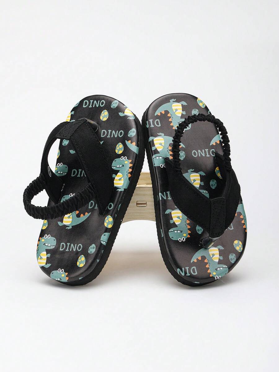 1 Pair Baby Open Toe Breathable Dinosaur Pattern Flip Flops, Children's Outdoor Slip-On Slouchy Sandals - Black - View 1