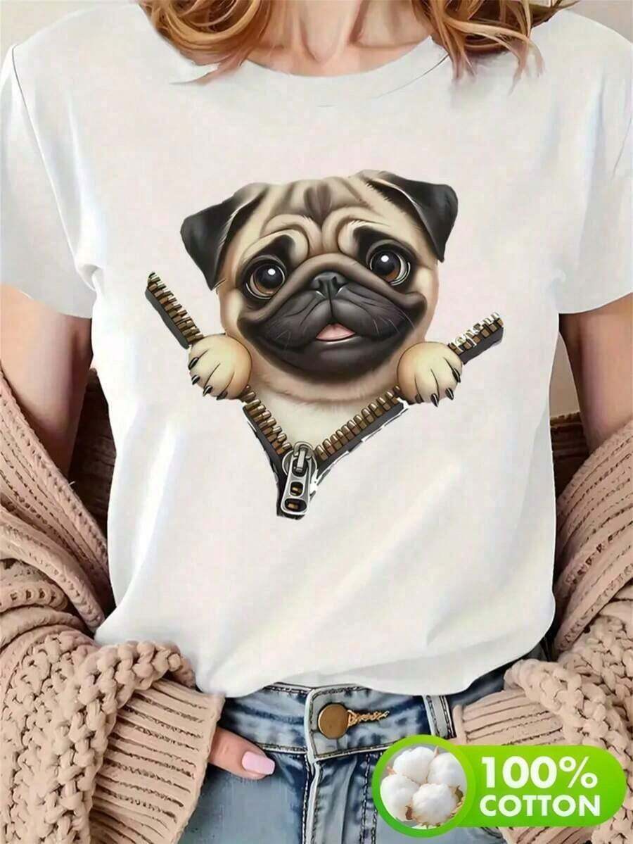 Women's Printed Beach T-Shirt, Short Sleeve, Round Neck, Casual, Comfortable, Cool, Light, Modern, Youthful, Regular Fit, With A Pug Dog Print, Suitable For Dog Lovers, With A Face Design. - 白色 - 查看 1