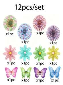12 piezas Decoraciones de flores de papel de colores suaves, abanico de papel con mariposas y flores de primavera para colgar en el jardín, adecuado para fiestas de cumpleaños con tema de flores silvestres de primavera/verano, suministros para decoración de fondo del hogar - Multicolor - Ver 8