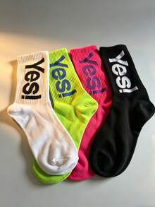 1/4 双装男女通用 YES 字母撞色中筒袜，吸湿透气运动休闲跑步长袜，YES 字母运动中筒袜，情侣高弹透气街头风跑步休闲袜 - 彩色 - 查看 2