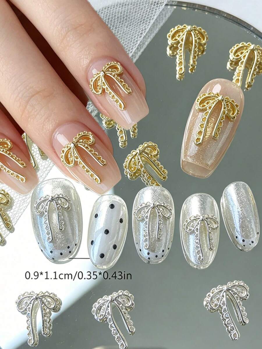 20件法式甜美蕾絲蝴蝶結美甲飾品 3D銀色/金色合金鏤空緞帶蝴蝶結水鑽美甲裝飾 DIY美甲配件美甲飾品