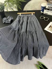 EARO 女士长款格子层叠 A 字裙，舒适无弹面料，松紧腰带，休闲款 - 藍色 - 查看 3