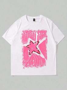 Camiseta de Talla Grande para Hombre con Patrón de Estrellas Rosadas Texturizadas, Cómoda, Suave, de Manga Corta, 100% Algodón, 220 g/m², Unisex - Negro - Ver 1