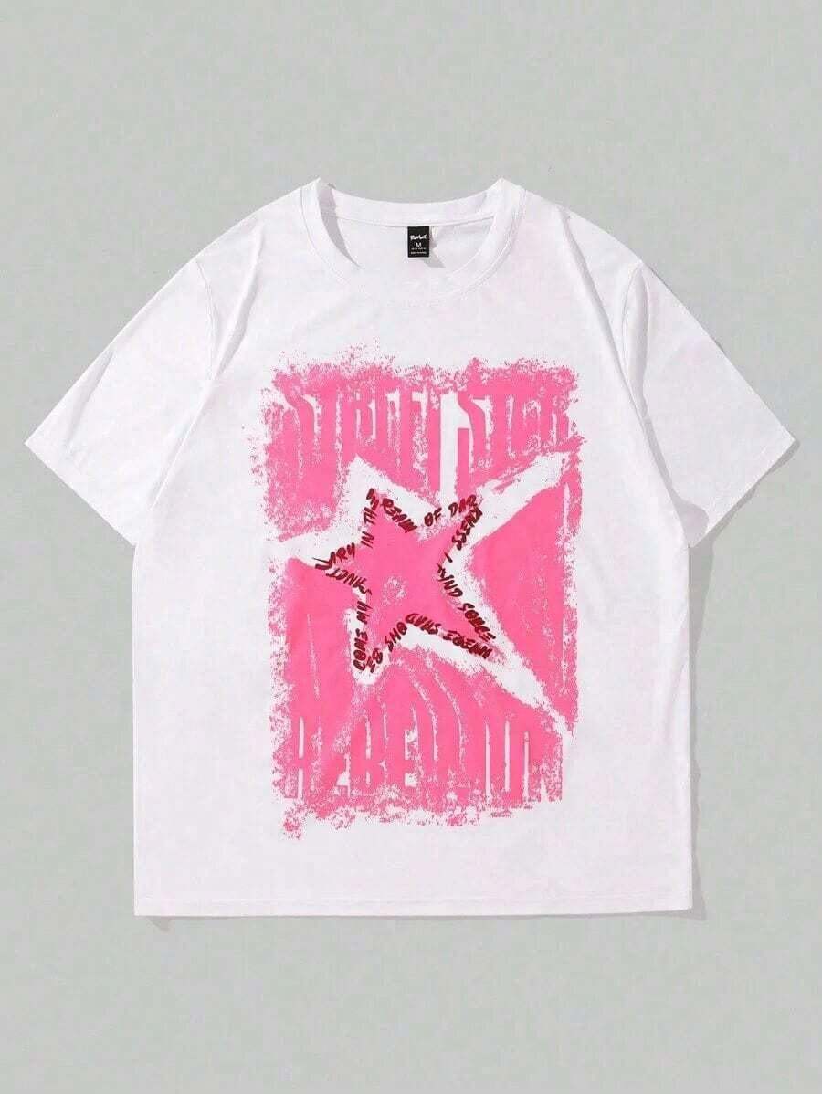 Camiseta de Talla Grande para Hombre con Patrón de Estrellas Rosadas Texturizadas, Cómoda, Suave, de Manga Corta, 100% Algodón, 220 g/m², Unisex - Negro - Ver 1