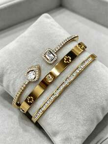 Bộ 1/3 vòng tay sang trọng bằng thép không gỉ mạ vàng đính đá Zirconia cao cấp, trang sức đa năng cho đeo hàng ngày, hẹn hò, làm quà tặng. - Vàng - Xem 2