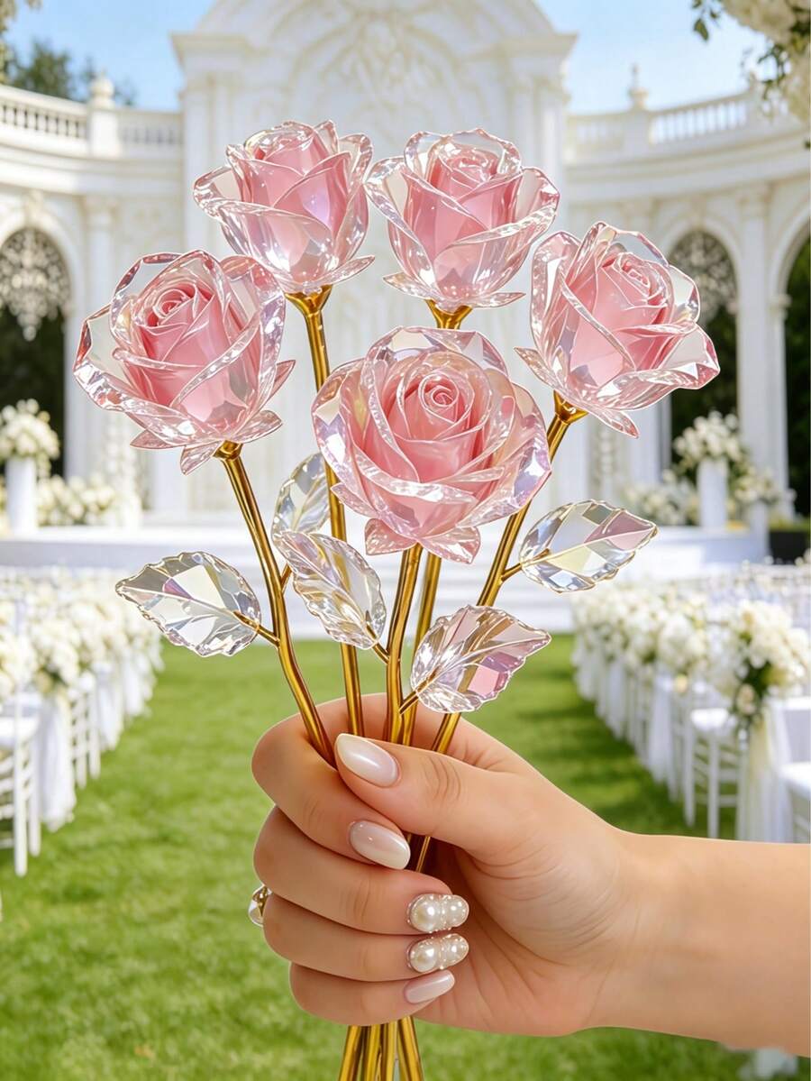 Sparkling Eternal Crystal Rose Bouquet 1pc/3pcs/5pcs Set - Realistic Plastic Roses With Exquisite Pink Tint, Perfect Gift For Couples, Suitable For Weddings, Valentine's Day, Anniversaries, Party Holiday Decor, Reusable