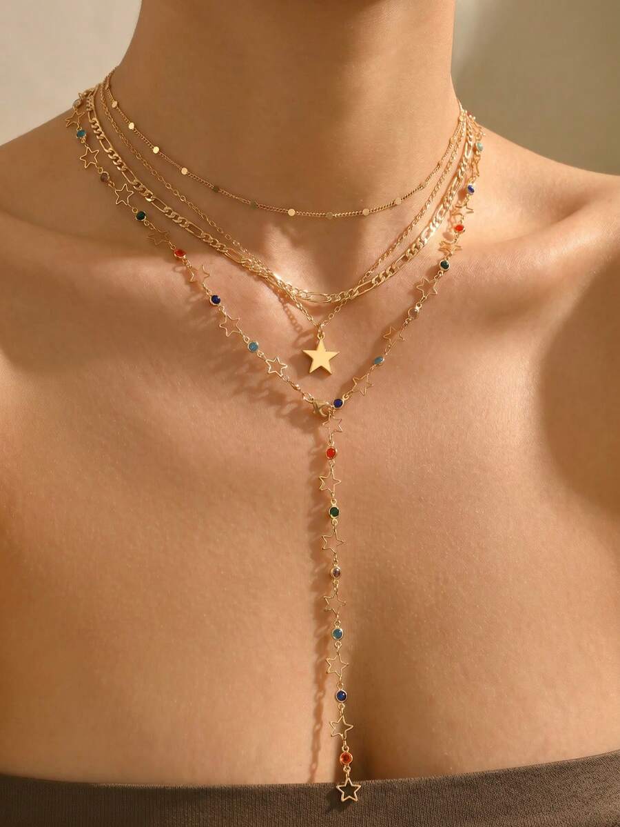 4pcs/Set Delicate Niche Star Rhinestone Y-Shaped Necklace, Casual Versatile Multi-Layer Gold Chain Layered Necklace For Women, Suitable For Daily Wear, Music Festivals, Dates - The Rhinestone Colors Are Randomly Arranged - Multicolor - View 1