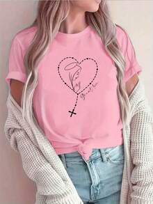 1 Piece Of New Short Sleeve Round Neck T-Shirt For Spring/Summer, With Virgin Mary Print And A Crossed Heart Pattern, Suitable For Women's Running Activities In Spring/Summer, Stylish And Fun, Comfortable, Soft And Breathable, Y2K Style, Short Sleeve Round Neck T-Shirt, 180g 100% Cotton. - 黑色 - 查看 9