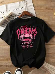 Camiseta de manga corta con estampado a doble cara, , Camiseta casual de moda para mujer, Top casual de manga corta con cuello redondo, Verano y Primavera, Ropa de mujer - Camiseta vintage de estilo callejero unisex, holgada, de algodón, de manga corta y cuello redondo. - Negro - Ver 2