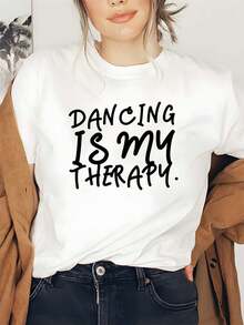 Limited Edition Women's T-Shirt With "Dance My Relaxation" Print | Soft And Casual, Round Neck, Short Sleeve, Mustard Yellow Color, Lightweight And Breathable, Round Neck, Slightly Elastic Fabric, Geometric Pattern, Casual Spring/Summer Style, Lightweight Cotton. - 白色 - 查看 3