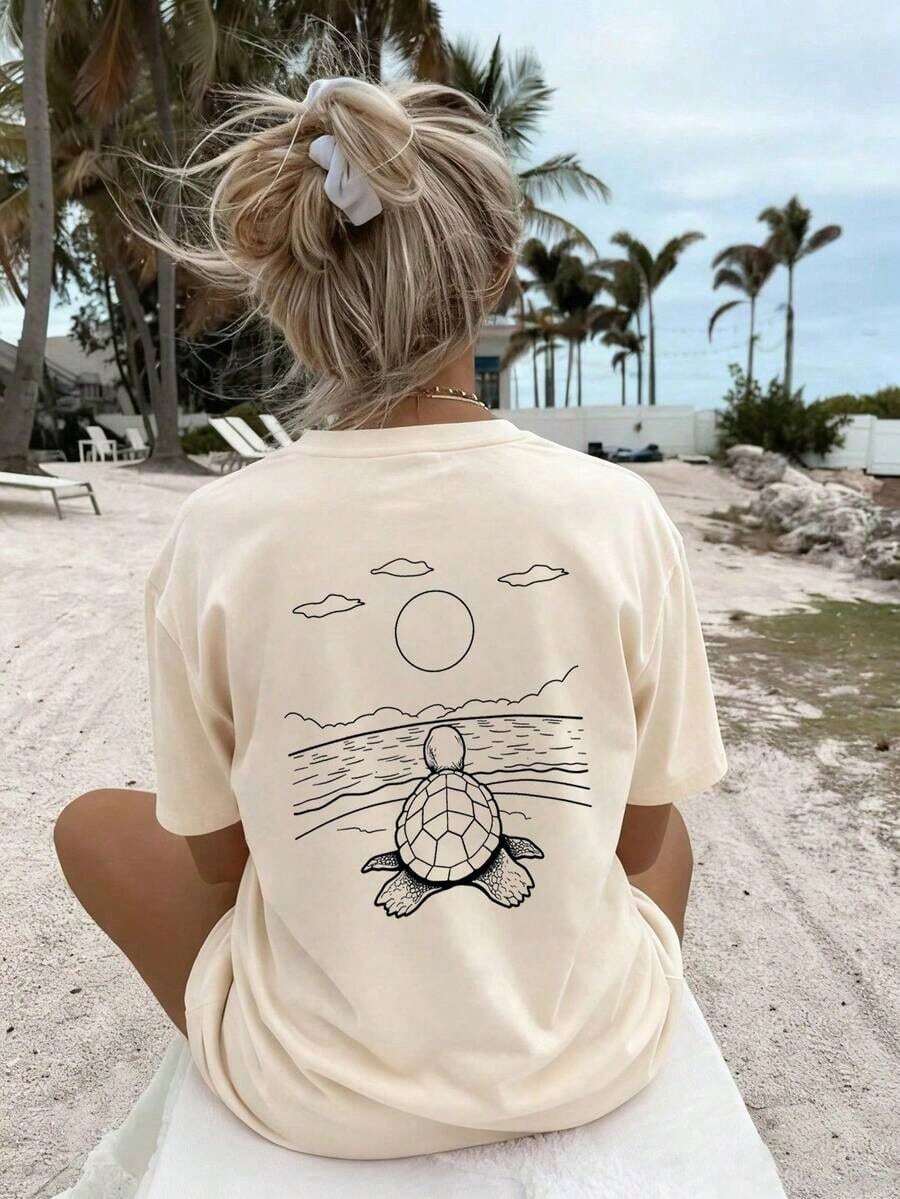 Camiseta de mujer estampada de manga corta para verano, tela de poliéster, estilo multifuncional, corte regular, peso 180 gramos, 1 unidad. - Albaricoque - Ver 1