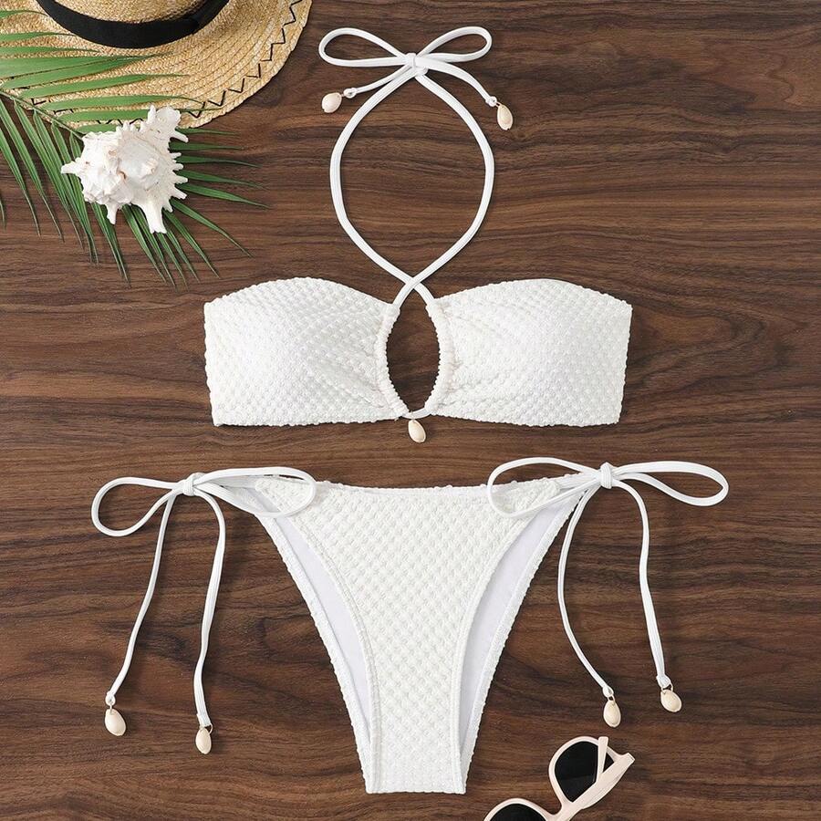 Nuevo traje de baño de dos piezas con falda y corte triangular para mujer, que disimula el abdomen y estiliza la figura, adecuado para vacaciones en la playa y aguas termales, bikini. - Blanco - Ver 1