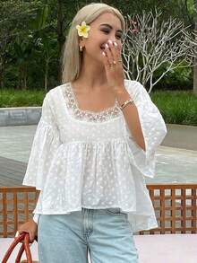Blusa holgada de unicolor con mangas acampanadas, top de verano para mujeres - Blanco 3 - Ver 6