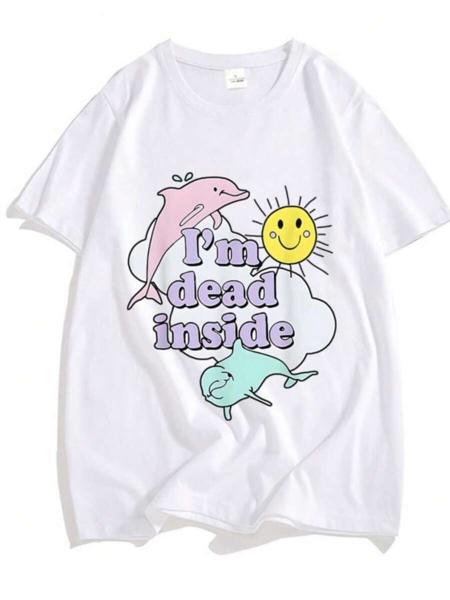 Women's T-Shirts I'm Dead Inside Dolphin Tshirts 100% Cotton Shirts Couples Loose Tees Menwomen Short Sleeve T Shirt Cute Animal T-Shirt - 白色 - 查看 1