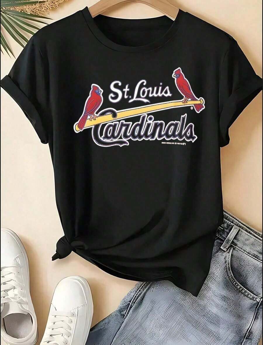 St. Louis Cardinals Vintage Logo Print Crew Neck T-Shirt, LB Team Graphic, Short Sleeve - 黑色 2 - 查看 1