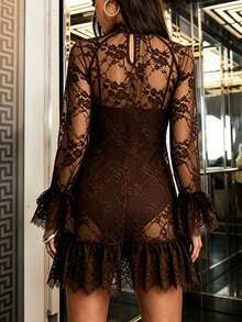 Women's Balletcore Sheer Lace Mini Dress High Neck Long Sleeve With Ruffle Hem Coquette Party Dress - Brown - View 3