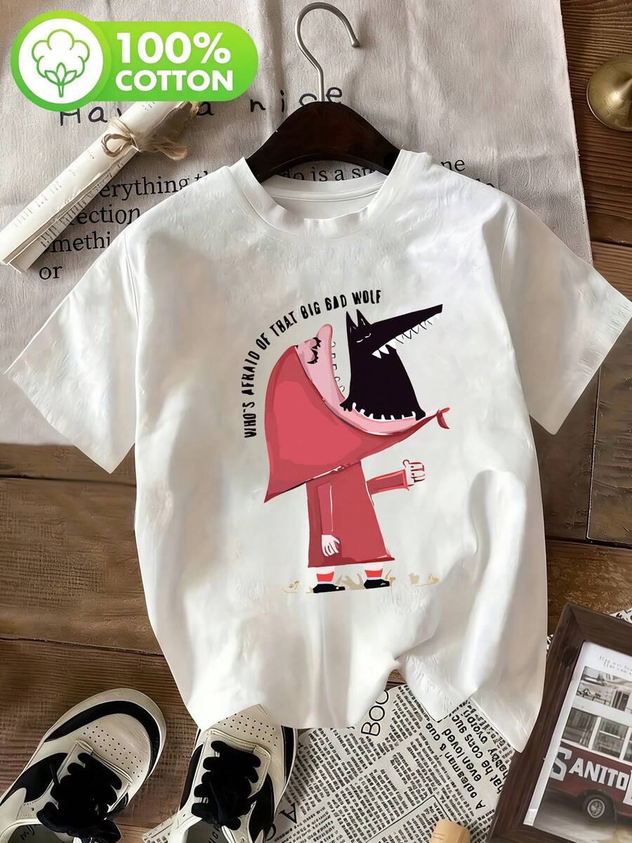 Camiseta gráfica divertida para mujer de Caperucita Roja y el Lobo Feroz| Estampado retro con la frase "¿A quién le asusta ese lobo feroz?"| Camiseta holgada casual de manga corta, cómoda para uso diario y para regalar - Blanco marfil - Ver 1