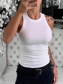 Musculosa De Cuello Redondo Y Ajuste Ajustado unicolor - Blanco - Ver 9