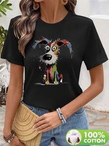 Camiseta de mujer de manga corta y cuello redondo, casual y de moda, esencial de verano, de alta calidad, con estampado gráfico - Negro - Ver 6
