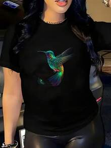 Camiseta Casual Estampada para Mujer de Talla Grande, 1 Blusa para Mujer, Ropa Bonita para Mujer, Conjuntos para Mujer, Camiseta con Estampado de Colibrí en Blanco y Negro, Estampado Exótico de Alta Calidad, Cuello Redondo - Negro - Ver 7