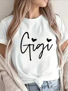 Camiseta negra de manga corta, ligera y duradera, con diseño de estampado Gigi, adecuada para salidas informales, uso en casa o en cafeterías, suave y cómoda, con letras blancas. - Blanco - Ver 6