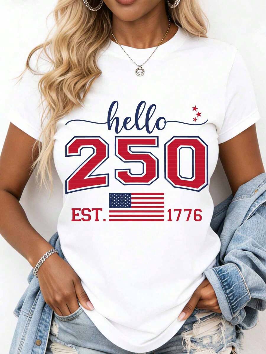 Hello 250 Est 1776 Usa Independence Day Patriotic T Shirt Women American Flag Celebration Graphic Tee Fourth Of July Apparel - 白色 - 查看 1