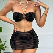 Traje de Baño Bikini de Tres Piezas con Volantes y Cadena Decorativa Sexy - Blanco - Ver 2