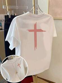 Camiseta estampada con diseños frontales y traseros, con motivos de Jesucristo y cruz, de cuello redondo para mujer, manga corta informal, ajuste cómodo, diseño clásico, artículo de moda, top estampado de doble cara para mujer, transpirable y cómodo. - Blanco - Ver 1