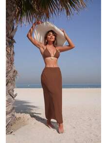 Nuevo en stock: conjunto de bikini de tres piezas para mujer, traje de baño sexy de moda con falda larga de malla de color sólido. - Juego de tres piezas negro 9346 - Ver 9