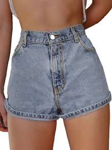 Women's Elastic Denim Pocket Daisy Embroidered Shorts Casual Summer - Light Wash - View 3