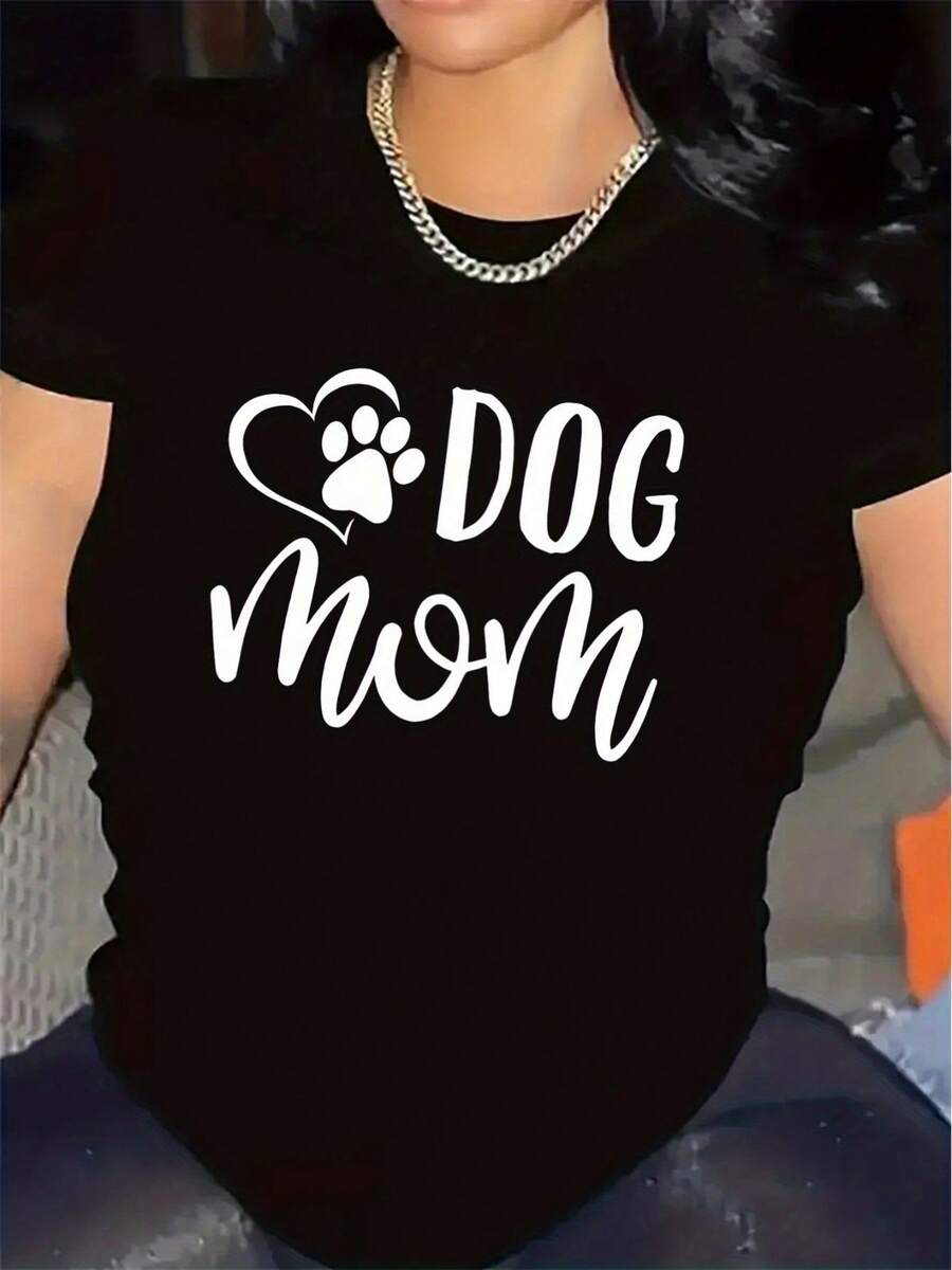 Camiseta de manga corta para mujer a la moda | Ligero y duradero, es perfecto para el hogar, actividades al aire libre y uso diario. Presenta un diseño encantador de "madre de perro" con estampados de corazones y huellas, un ajuste cómodo adecuado para todas las estaciones, cuello redondo y tela de elasticidad media. - Negro - Ver 1