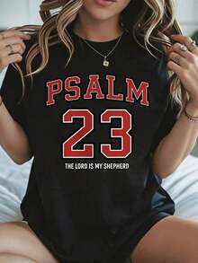 Elegante y casual para mujer, manga corta, camiseta con el salmo 23, verso bíblico de fe cristiana, "El Señor es mi pastor", top casual de corte holgado para uso diario en primavera y verano. - Negro - Ver 1